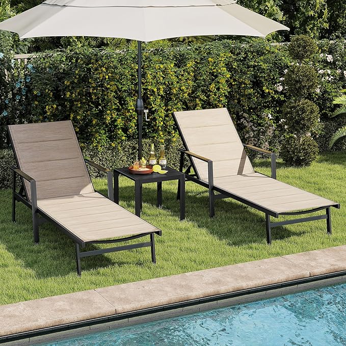 3-Piece Outdoor Chaise Lounge Set, Never-Rust Aluminum Patio Lounge Chairs with Side Table, Double-Layer Textilene Pool Lounge Chairs, Adjustable Backrest Sunbathing Loungers for Beach, Garden