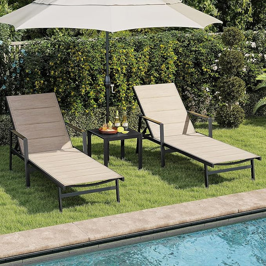 3-Piece Outdoor Chaise Lounge Set, Never-Rust Aluminum Patio Lounge Chairs with Side Table, Double-Layer Textilene Pool Lounge Chairs, Adjustable Backrest Sunbathing Loungers for Beach, Garden
