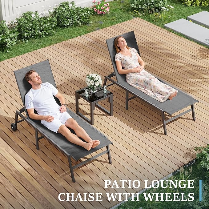 UDPATIO Patio Lounge Chair with Wheels 2 Pieces Outdoor Chaise Lounge with Side Table 5 Adjustable Position Recliner for Patio, Beach, Yard, Pool