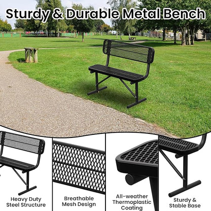 4 FT Heavy Duty Metal Park Bench for Outside, Outdoor Benches Weatherproof Black Bench with Backrest & Portable Frame, 1-3 Person Seat-Commercial Benches Garden Benches for Outdoors