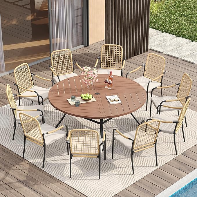 VICLLAX 60" Round Patio Table with Umbrella Hole, All Weather Metal Outdoor Dining Table for 8, Outside Table for Lawn Garden, Walnut Wood-Grain Finish