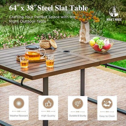 HERA'S HOUSE 64" Patio Table for 6, Wood-Like Metal Steel Slat Rectangle Outdoor Dining Table with Umbrella Hole for Lawn Garden Backyard