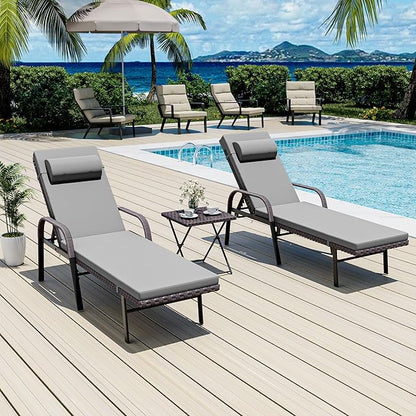 Patio Chaise Lounge Set 3 Pieces Outdoor Lounge Chair with Rattan Adjustable Backrest Armrest and Folding Table for Beach Patio,Sand, for Poolside Backyard Porch