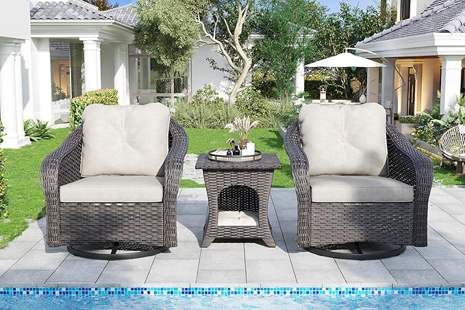 Wicker Swivel Rocking Chairs Set 2 with Storage Side Table - Outdoor Brown Wicker Swivel Glider Chair Outdoor Rocking Chair with Water-Resistant Cushions, Beige