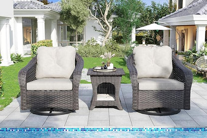 Wicker Swivel Rocking Chairs Set 2 with Storage Side Table - Outdoor Brown Wicker Swivel Glider Chair Outdoor Rocking Chair with Water-Resistant Cushions, Beige