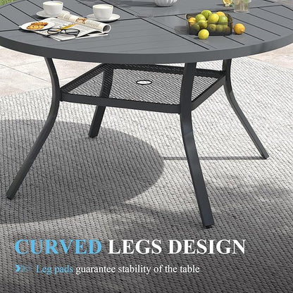 VICLLAX 40.6" Round Patio Table with Umbrella Hole, All Weather Metal Outdoor Dining Table for 4, Outside Table with Storage Shelf for Lawn Garden, Grey