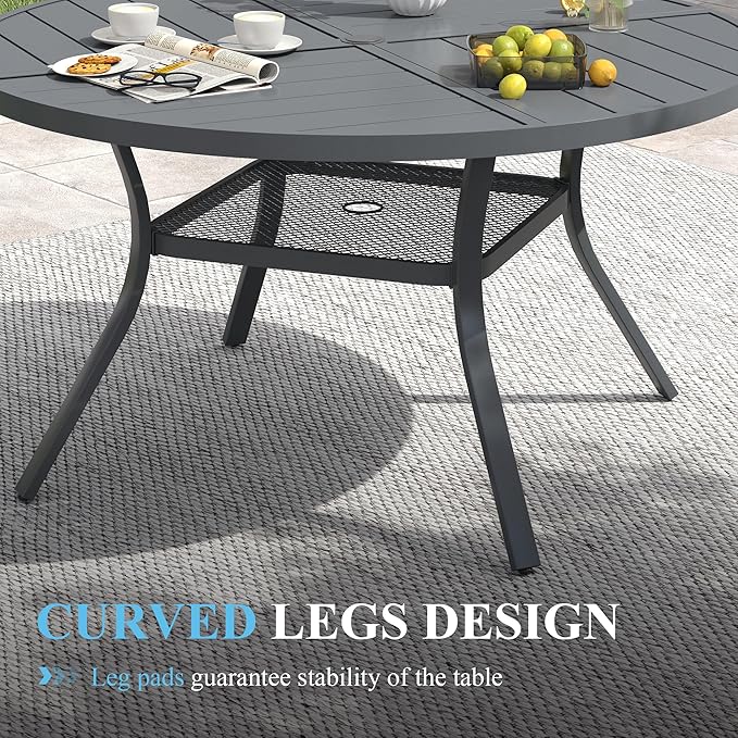 VICLLAX 47.2" Round Patio Table with Umbrella Hole, All Weather Metal Outdoor Dining Table for 6, Outside Table with Storage Shelf for Lawn Garden, Grey