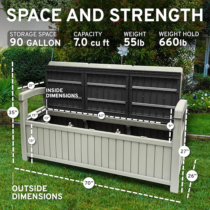 EconoHome 3 Seat Outdoor Storage Bench with Rain Cover - 90 Gallon Capacity - Weatherproof Resin Bench for Patio, Porch - Photo 2
