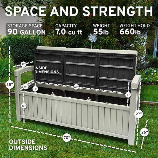 EconoHome 3 Seat Outdoor Storage Bench with Rain Cover - 90 Gallon Capacity - Weatherproof Resin Bench for Patio, Porch, Garden, Yard, Pool Area - Furniture for Pool Accessories, Gardening Tools