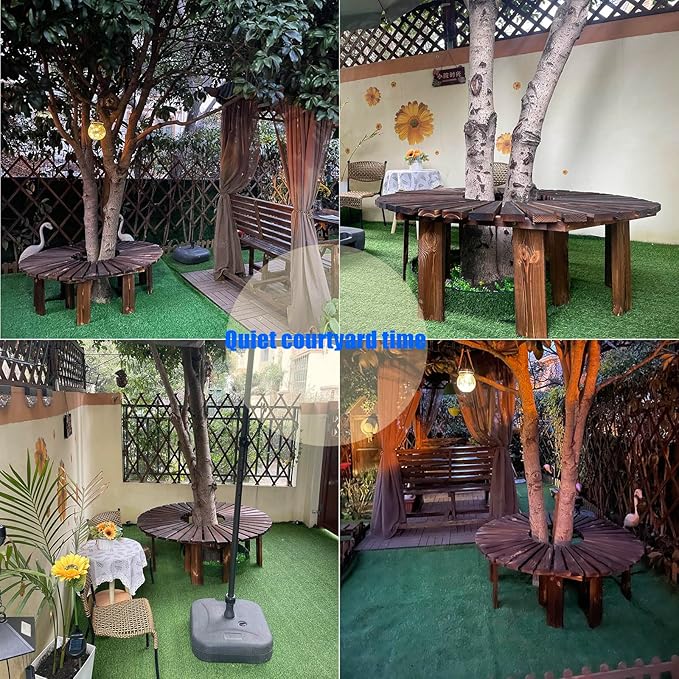 Wooden Garden Curved Bench, Half Round Outdoor Tree Bench, Wrap Around Park Backless Bench Outdoor Furniture, Garden Stool Patios Lawn Tree Chair Solid Wood Slatted Seat (Round)