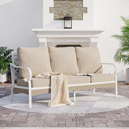 Metal Patio Furniture Sofa with 5.75" Extra Thick Cushion, 3-Seater Deep Seating & High-Back White Frame Outdoor Couch All Weather Outdoor Seating for Deck Gazebo Porch, Beige