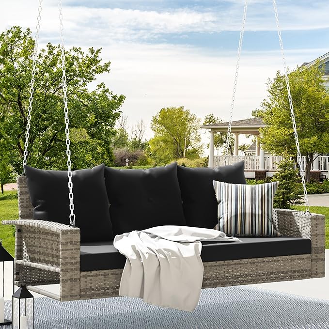 DWVO 3-Seats Wicker Hanging Porch Swing Chair Outdoor Gray Rattan Patio Swing Lounge 3 Back Cushions Capacity for Garden - Photo 1