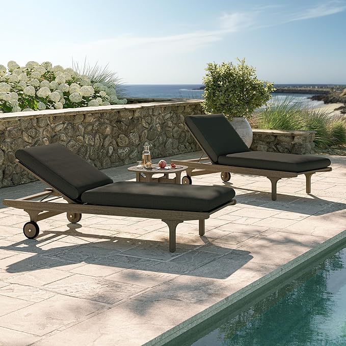 Modway Saratoga Teak Wood Set of 2 Chaise Lounge Chairs and Side Table in Flint Gray - 3-Piece Outdoor Furniture Set - Photo 6