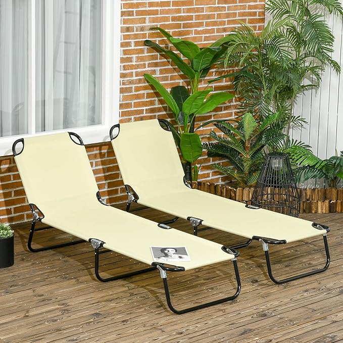 Outsunny 2 Piece Folding Chaise Lounge Pool Chairs, Outdoor Sun Tanning Chairs with 5-Level Reclining Back - Photo 2