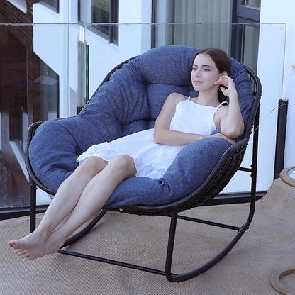 Oversized Rocking Chair Outdoor, Rocking Papasan Chair, Patio Egg Chair with Padded Cushion, Outdoor Wicker Rocking Chair for Front Porch, Garden, Patio (Navy Blue)