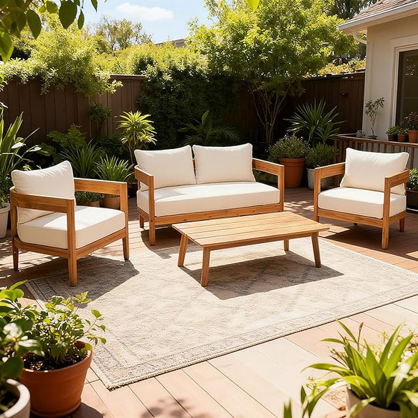 Merax 4pcs Outdoor Acacia Wood Conversation Set with 2 Chais,Loveseat and Coffe Table,with Cushions for Patio,Garden - Photo 1