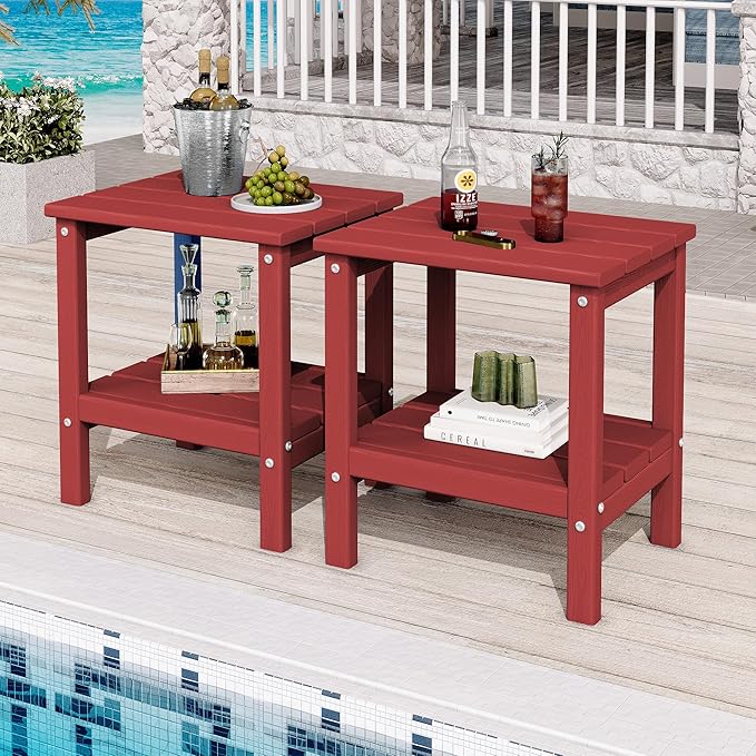 KINGYES 2-Tier Outdoor Side Table Set of 2, HDPE All Weather Adirondack Patio Tables,Crimson Red