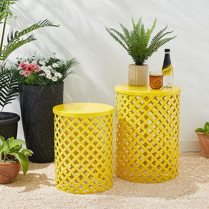 Glitzhome Outdoor Side Table Set of 2, Decorative Garden Stool for Patio Heavy Duty Metal Frame Accent Table Modern End Table, Yellow