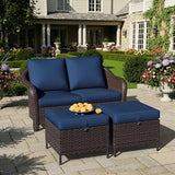 3 Piece Patio Wicker Conversation Set, All-Weather Use Outdoor Wicker Loveseat with 2 PE Rattan Ottomans - Photo 1
