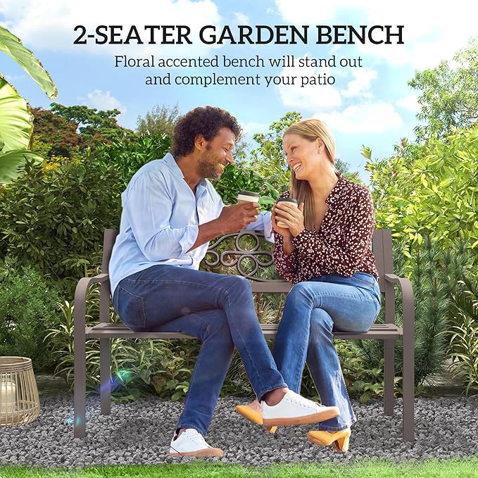 Outsunny 50" Outdoor Bench, Metal Garden Bench with Floral Pattern Backrest, Porch Bench with Slatted Seat for Park, Yard, Lawn, Brown