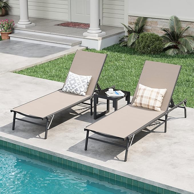 Amopatio Folding Lounge Chairs Chaise Lounge for Outside Portable Pool Lounge Chairs Set of 2 with Side Table for Patio Poolside Deck Yard, Weather Resistant, 5-Position Adjustable Backrest