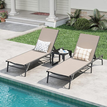 Amopatio Folding Lounge Chairs Chaise Lounge for Outside Portable Pool Lounge Chairs Set of 2 with Side Table for Patio Poolside Deck Yard, Weather Resistant, 5-Position Adjustable Backrest