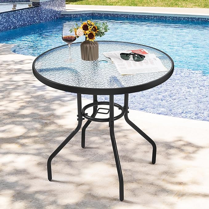 Yaheetech 27.4'' Patio Bistro Table Round Outdoor Coffee Table, Round Tempered Glass Top with 1.7'' Umbrella Hole, Iron Frame for Balcony Backyard Lawn and Garden