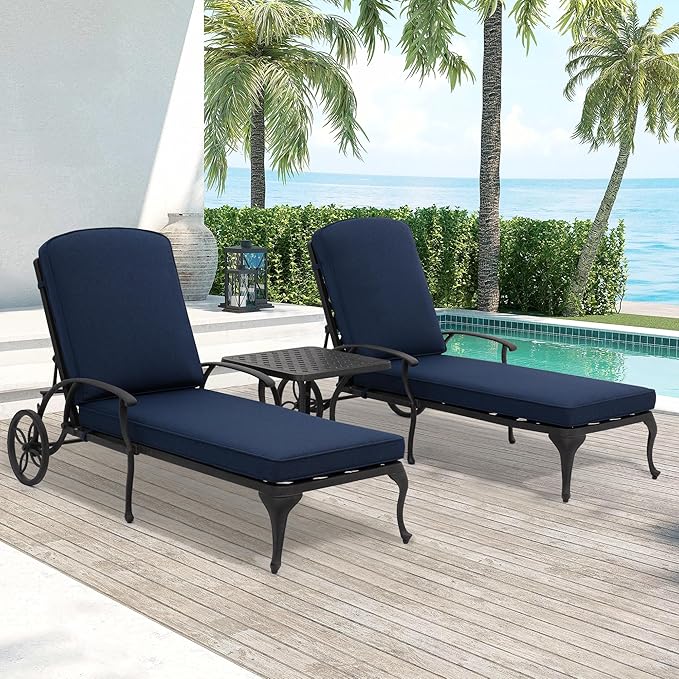 Chaise Lounge Chair Outdoor- Patio Pool Chairs Tanning Lounges for Outside Beach Lounger Cast Aluminum Set of 2 Reclining Navy Blue with Side Table