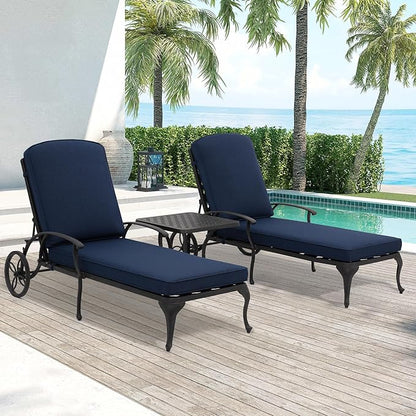 Chaise Lounge Chair Outdoor- Patio Pool Chairs Tanning Lounges for Outside Beach Lounger Cast Aluminum Set of 2 Reclining Navy Blue with Side Table
