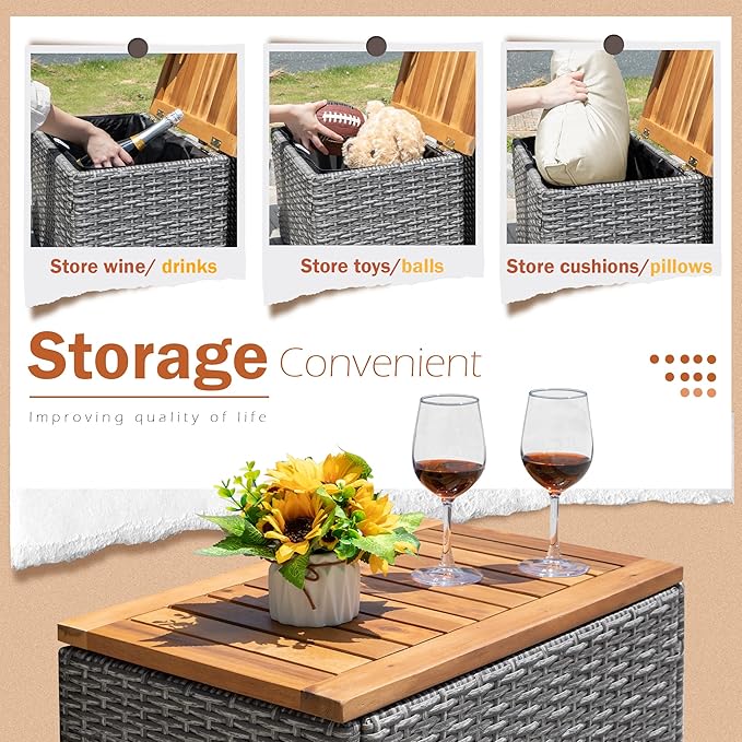 Greesum Patio Furniture Set Multifunctional Outdoor Sectional Sofa Rattan Chaise Lounge Wicker Daybed with Couch, Cushions, Storage Ottoman and 2 Side Tables for Backyard Porch Poolside Lawn, White