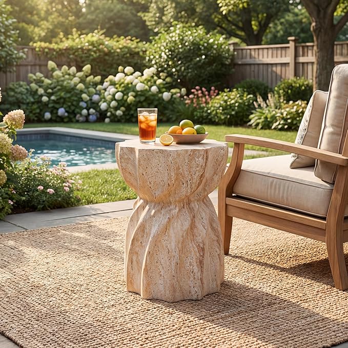Christopher Knight Home Claire Outdoor Side Table with A Sunburst Tabletop and Hourglass Shape, Small Accent Table for Patio Balcony, Living Room End Table, Modern Backyard Furniture, Beige+Natural