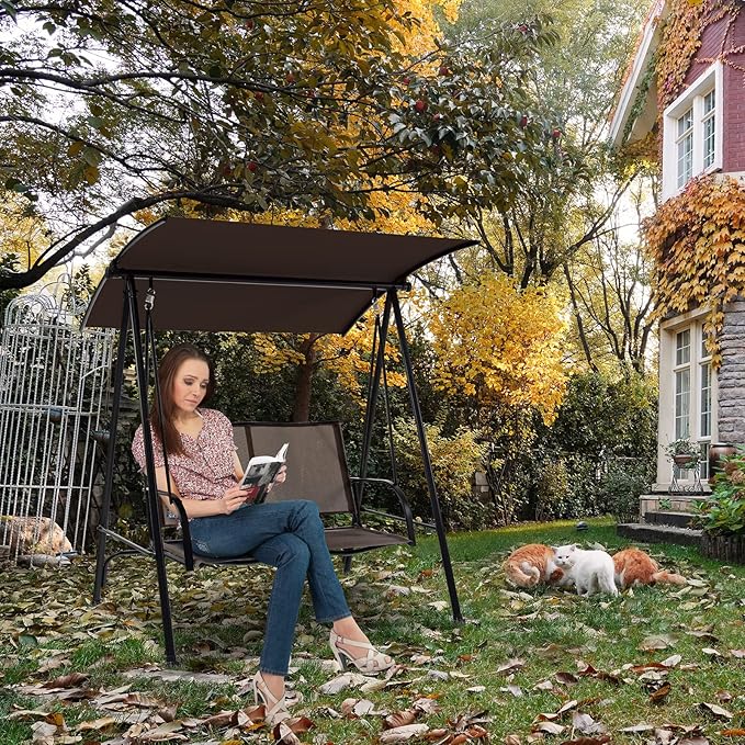Tangkula 2 Person Porch Swing, Patio Swing with Adjustable Canopy, Comfortable Fabric Seat & Heavy-Duty Steel Frame - Photo 9