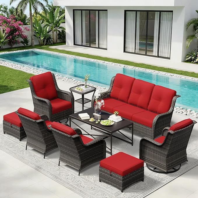 9 Piece Outdoor Wicker Patio Furniture Set, Patio Chairs Set with Thickened Olefin Cushions, High Back and Deep Seating - Photo 9