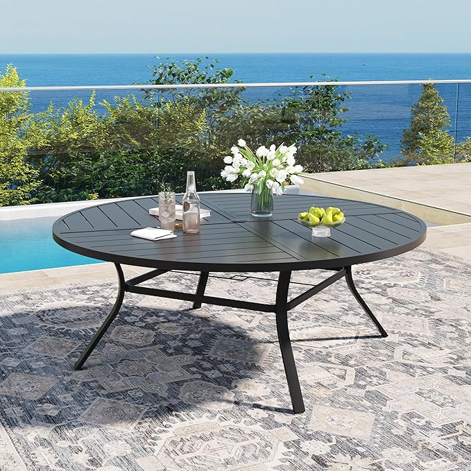 DIFY 63" Round Outdoor Patio Dining Table for 8-10, All-Weather Metal Steel Slatted Patio Table with 1.57" Adjustable Umbrella Hole for Garden, Backyard, Deck, Black