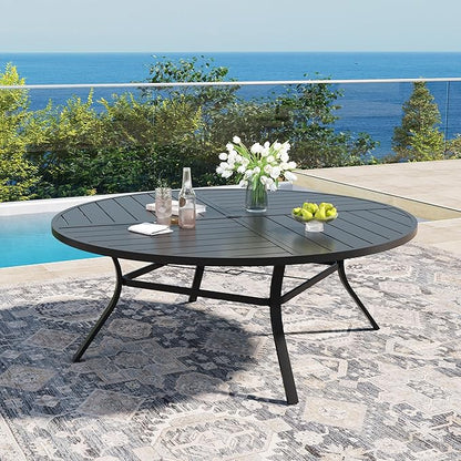 DIFY 63" Round Outdoor Patio Dining Table for 8-10, All-Weather Metal Steel Slatted Patio Table with 1.57" Adjustable Umbrella Hole for Garden, Backyard, Deck, Black