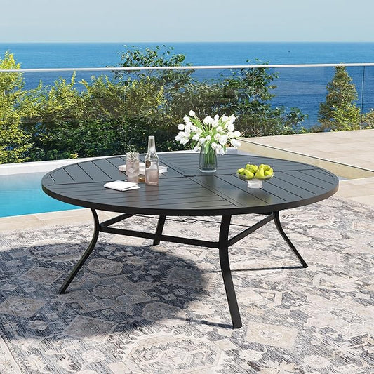 DIFY 63" Round Outdoor Patio Dining Table for 8-10, All-Weather Metal Steel Slatted Patio Table with 1.57" Adjustable Umbrella Hole for Garden, Backyard, Deck, Black