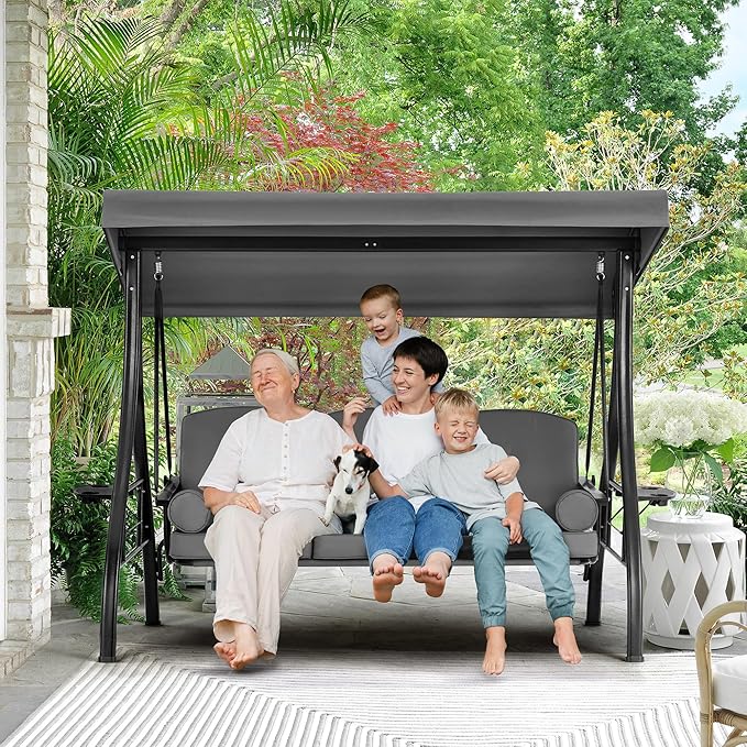 HOMREST 3 Seat Outdoor Porch Swing with 1.5" Deepened Cup Holder, Adjustable Canopy, Patio Swing Bed with Stand - Photo 6