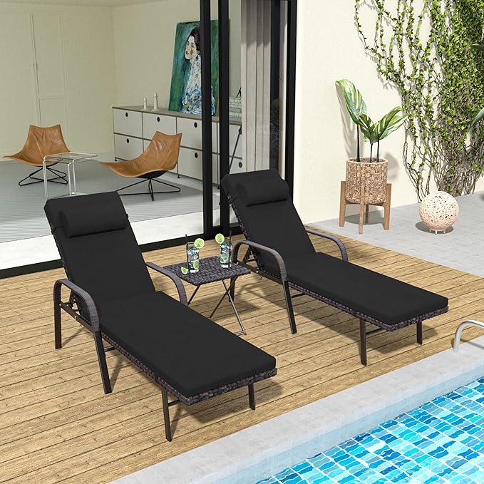 Patio Chaise Lounge Set 3 Pieces Pool Lounge Chairs,Cushioned Outdoor Folding Lounge Chair w/Arm and Rattan Adjustable Backrest for Poolside Porch,Folding Table Included,Black