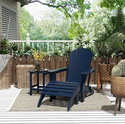 WestinTrends Malibu Outdoor Lounge Chairs, 3-Pieces Adirondack Chair Set with Ottoman and Side Table, All Weather Poly Lumber Patio Lawn Folding Chair for Outside Pool Garden Backyard, Navy Blue