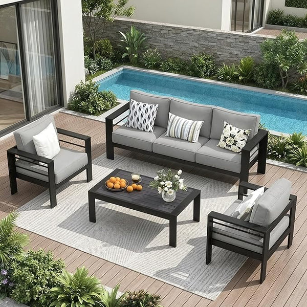 Solaste Aluminum Outdoor Patio Furniture Set, 5 Seats Patio Sectional Sofa with 5" Thick Cushion - Photo 1