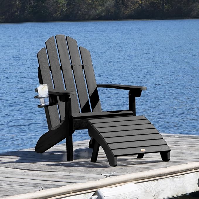 highwood Classic Wesport Adirondack Chair with Ottoman and Cup Holder, Black