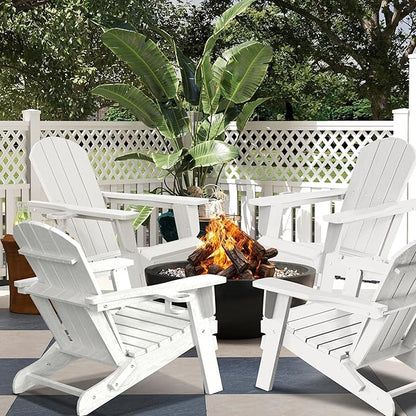 Folding Adirondack Chair with Cup Holder, HDPE All-Weather Folding Patio Chair, Outdoor Patio Adirondack Chair for Lawn Porch Garden Backyard Deck Fire Pit, White