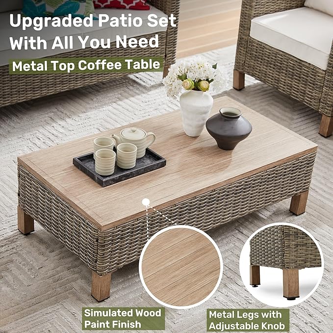 Outdoor PE Wicker Coffee Table with Metal Top, 43.3" Hand Woven Rattan Patio Table for Conversation Set, Outdoor Table for Poolside, Garden, Porch