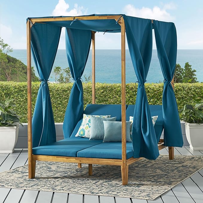 Christopher Knight Home Muntz Outdoor Acacia Wood Daybed Frame Only, Wooden Rectangular Patio Daybed Frame, Double Chaise Lounge Chair Outdoor, Adjustable Backrest Patio Furniture Sofa Set, Teak