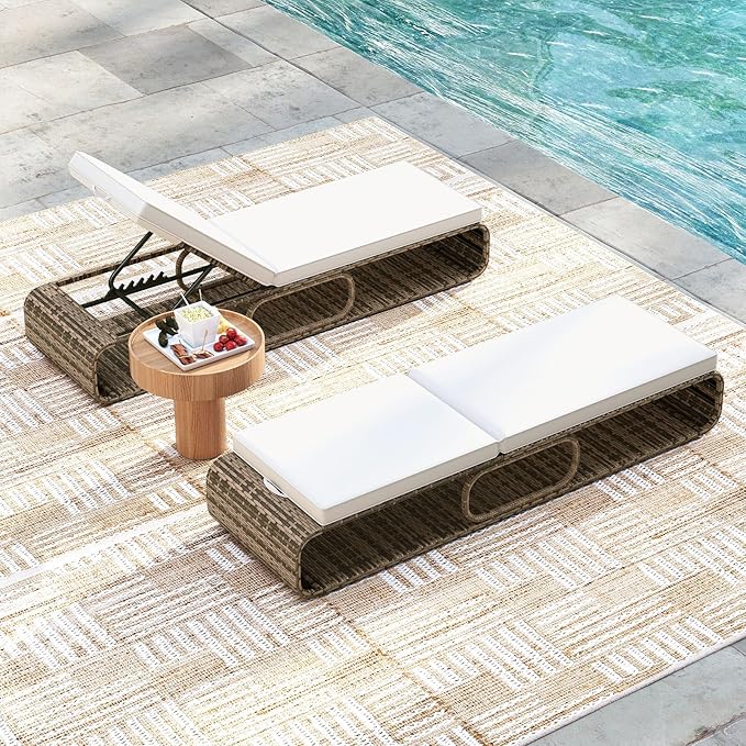 Tangkula Outdoor Chaise Lounge Chair, 7-Position PE Wicker Patio Reclining Sun Lounger with Adjustable Backrest, Cushion and Storage, Pool Sunbathing Recliner for Poolside, Backyard (2, Off White)