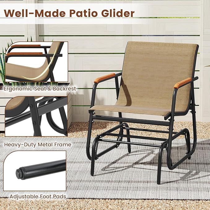 Tangkula Patio Glider Chair, Swing Gliding Armchair w/Curved Teak Armrests & Breathable Fabric Seat, Outdoor Metal Frame Rocking Chair Set for Porch, Backyard, Poolside (1 Pack)