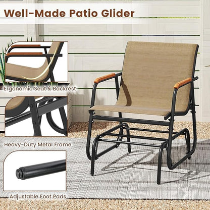 Tangkula Patio Glider Chair, Swing Gliding Armchair w/Curved Teak Armrests & Breathable Fabric Seat, Outdoor Metal Frame Rocking Chair Set for Porch, Backyard, Poolside (1 Pack)