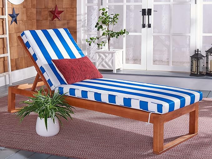 SAFAVIEH Outdoor Collection Solano Natural Brown Solid Wood/Royal Blue & White Stripe Cushion Patio Adjustable Chaise - Photo 2