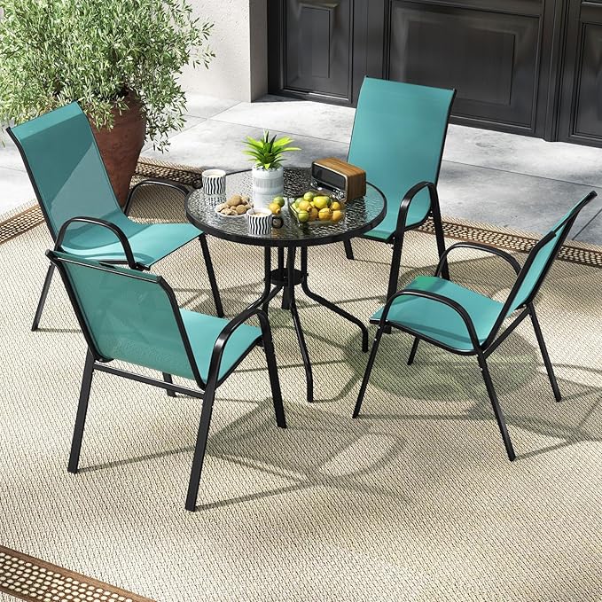 COSTWAY Patio Dining Chairs Set of 2, Stackable Outdoor Chairs with Armrest and High Back, Breathable Fabric & Metal Frame Chair for Garden Poolside Backyard Deck (Turquoise)