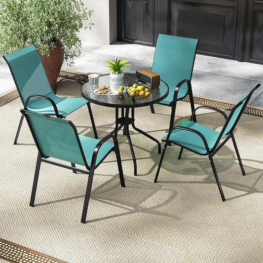 COSTWAY Patio Dining Chairs Set of 2, Stackable Outdoor Chairs with Armrest and High Back, Breathable Fabric & Metal Frame Chair for Garden Poolside Backyard Deck (Turquoise)